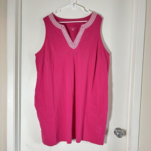 Lands End Pink Sz 2X Knee Length Sleeveless Dress Spilt Neck Embroidered Pockets - Picture 1 of 8